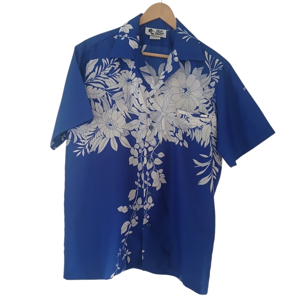 Vintage Hilo Hattie Men's Hawaiian Shirt Blue Floral Button-Up
